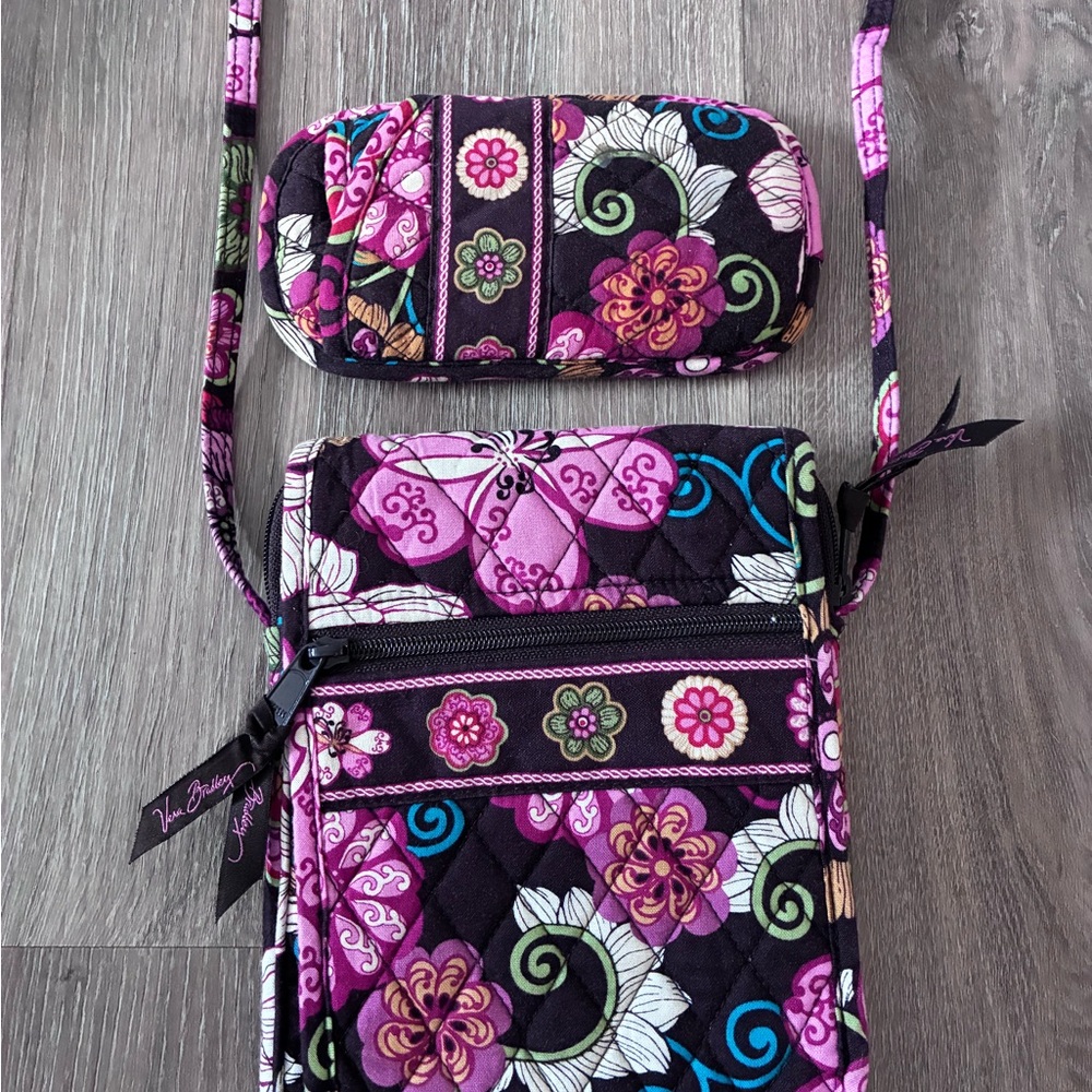 Vera Bradley Crossbody Bag with Floral Design - Black and Purple